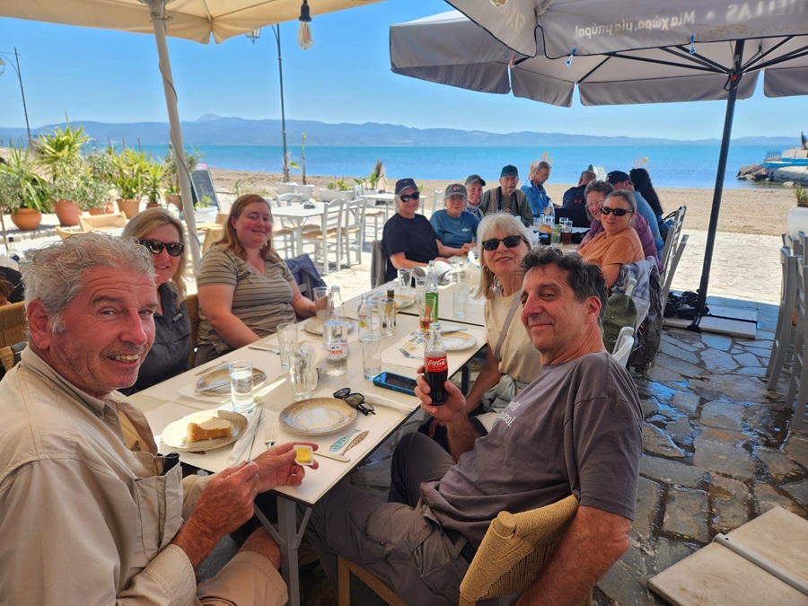 Lunch overlooking the Gulf of Kalloni. Photo &copy; Gina Nichol 
